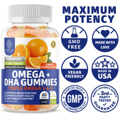 60 gummy bottle front view showcasing vegan omega supplement