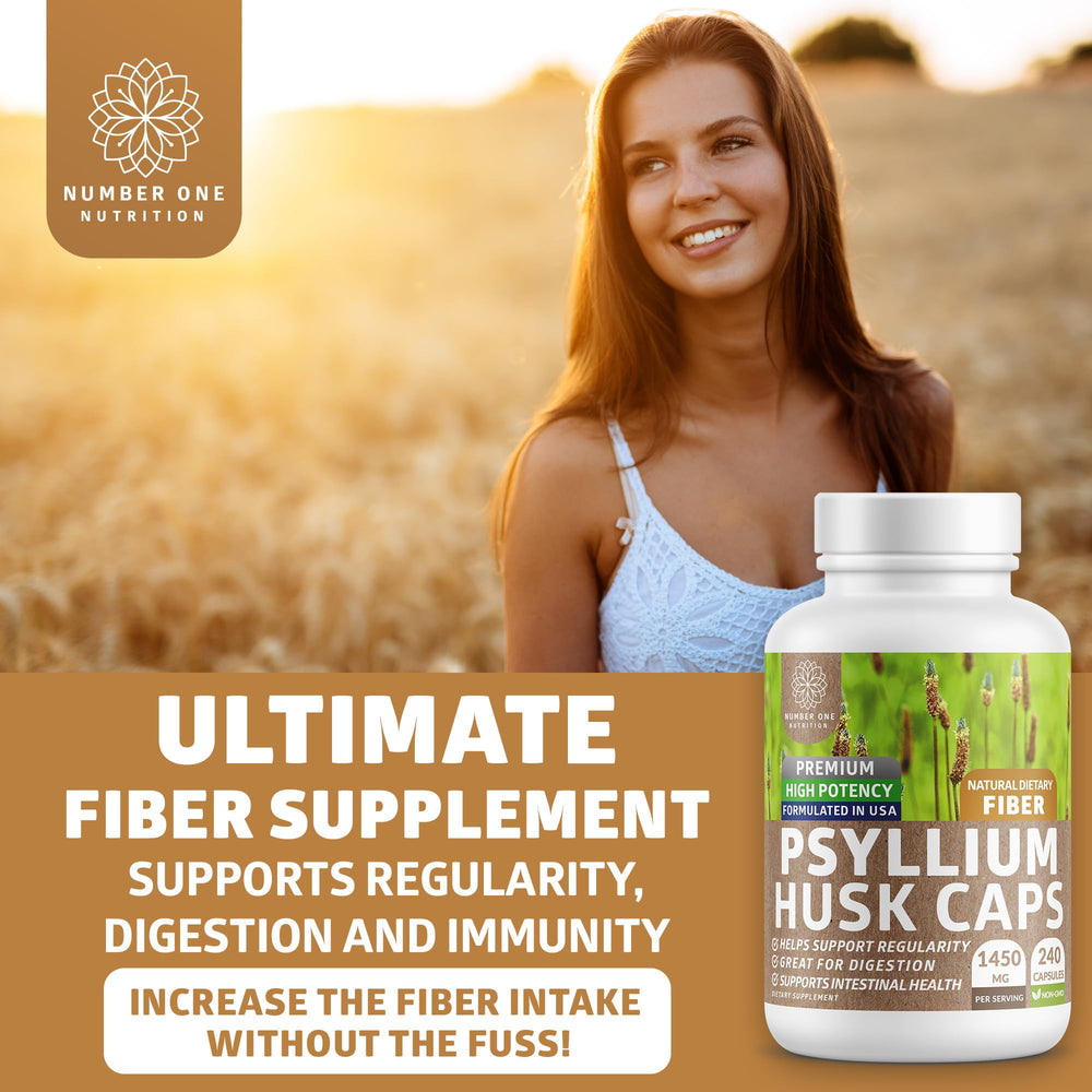 Six psyllium husk capsules inside a bottle