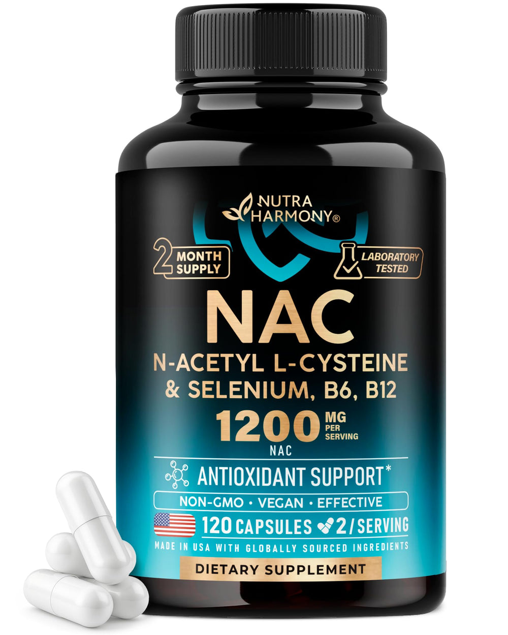 NAC supplement bottle displaying 1200 mg per serving
