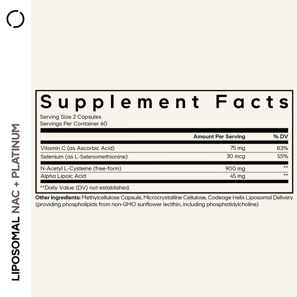 Close-up of NAC, Vitamin C, alpha-lipoic acid and selenium ingredients