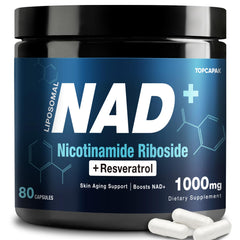 NAD+ supplement bottle label showing 1000mg NR and Resveratrol