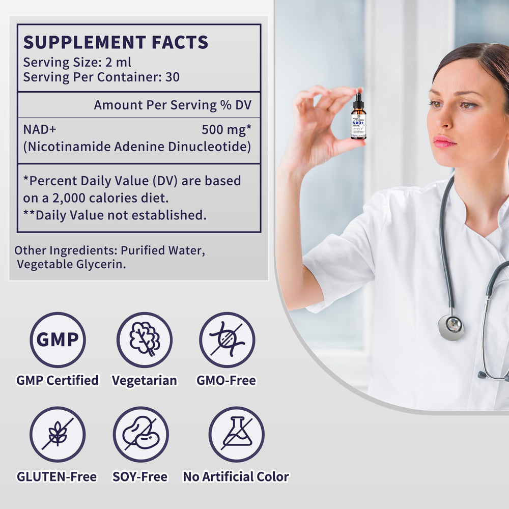 Dropper dispensing NAD liquid drops in a vegetarian formula