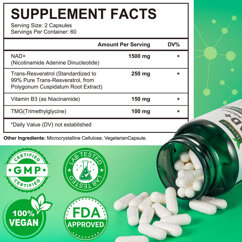 NAD+ 2000 mg supplement bottle – back label with ingredients