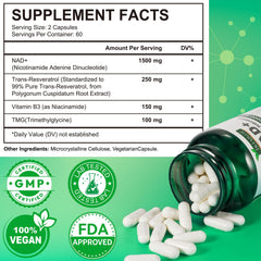 NAD+ 2000 mg supplement bottle – back label with ingredients