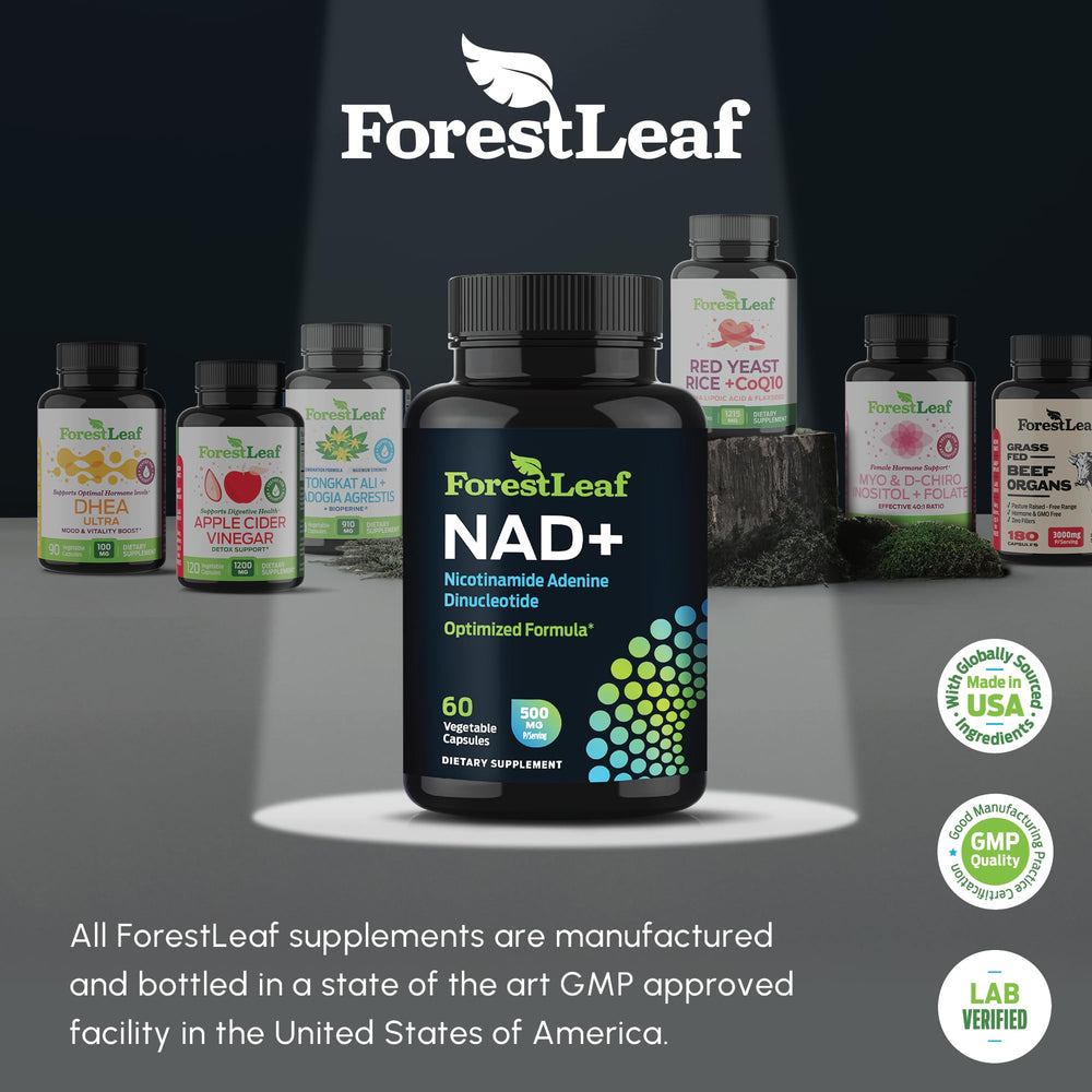 Flat lay packaging and bottle of NAD+ 500mg