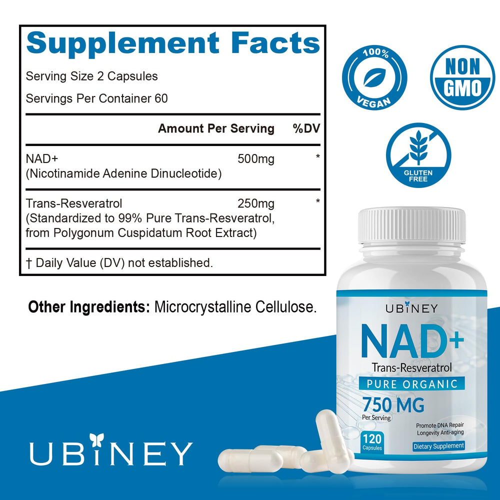 NAD+ 750mg Trans-Resveratrol capsules