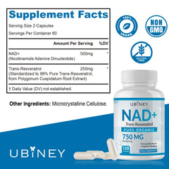 NAD+ 750mg Trans-Resveratrol capsules