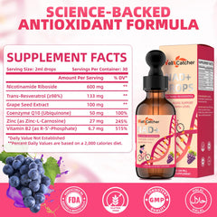 NAD+ liquid supplement bottle close-up showcasing ingredients