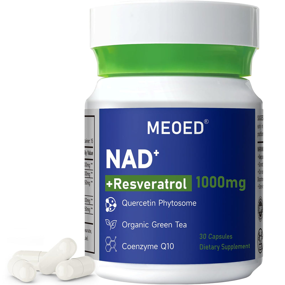 Front view of NAD+ Resveratrol Liposomal supplement bottle with 1000mg per serving