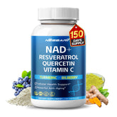 Front label of NAD+ RESVERATROL Supplement bottle showing 150 count