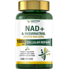 Front view of NAD+ & Resveratrol supplement bottle