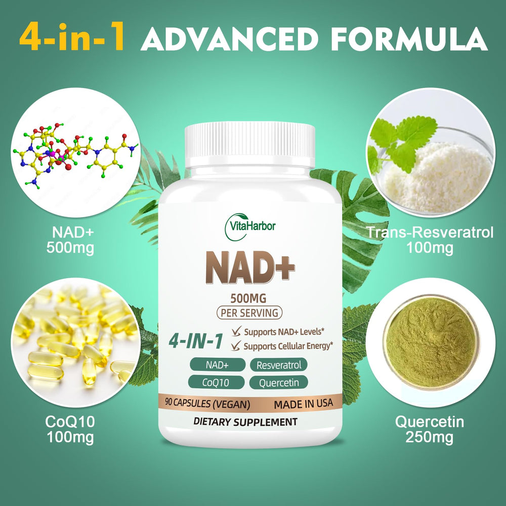 NAD+ supplement ingredients including Trans-Resveratrol, CoQ10, and Quercetin