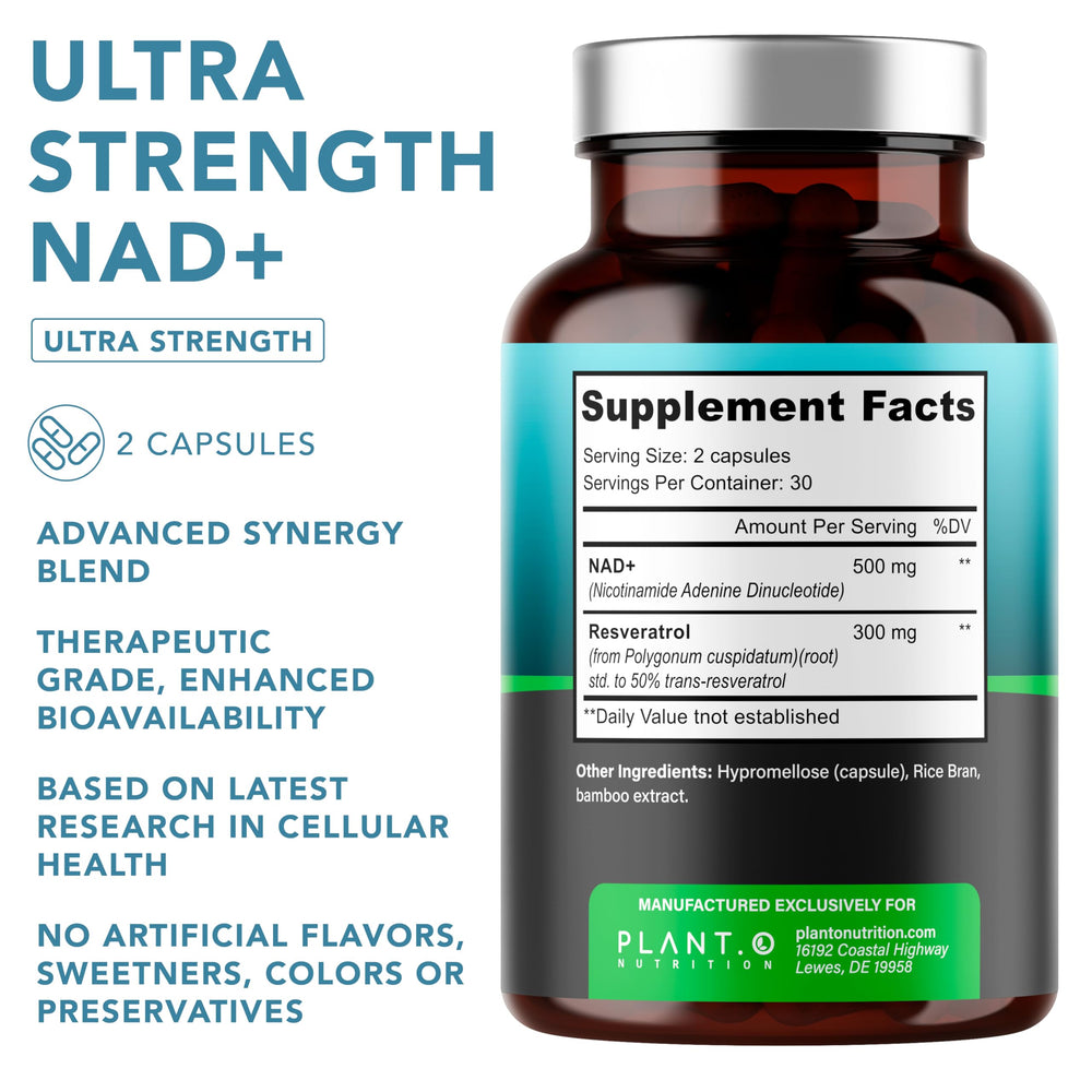 Supplement facts panel showing NAD+ and Resveratrol