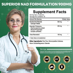 Back label of NAD+ liposomal NR 900mg bottle