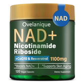 NAD+ supplement bottle label featuring Nicotinamide Riboside and Resveratrol