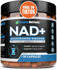 NAD+ supplement bottle featuring NR, Resveratrol, Quercetin and BioPerine