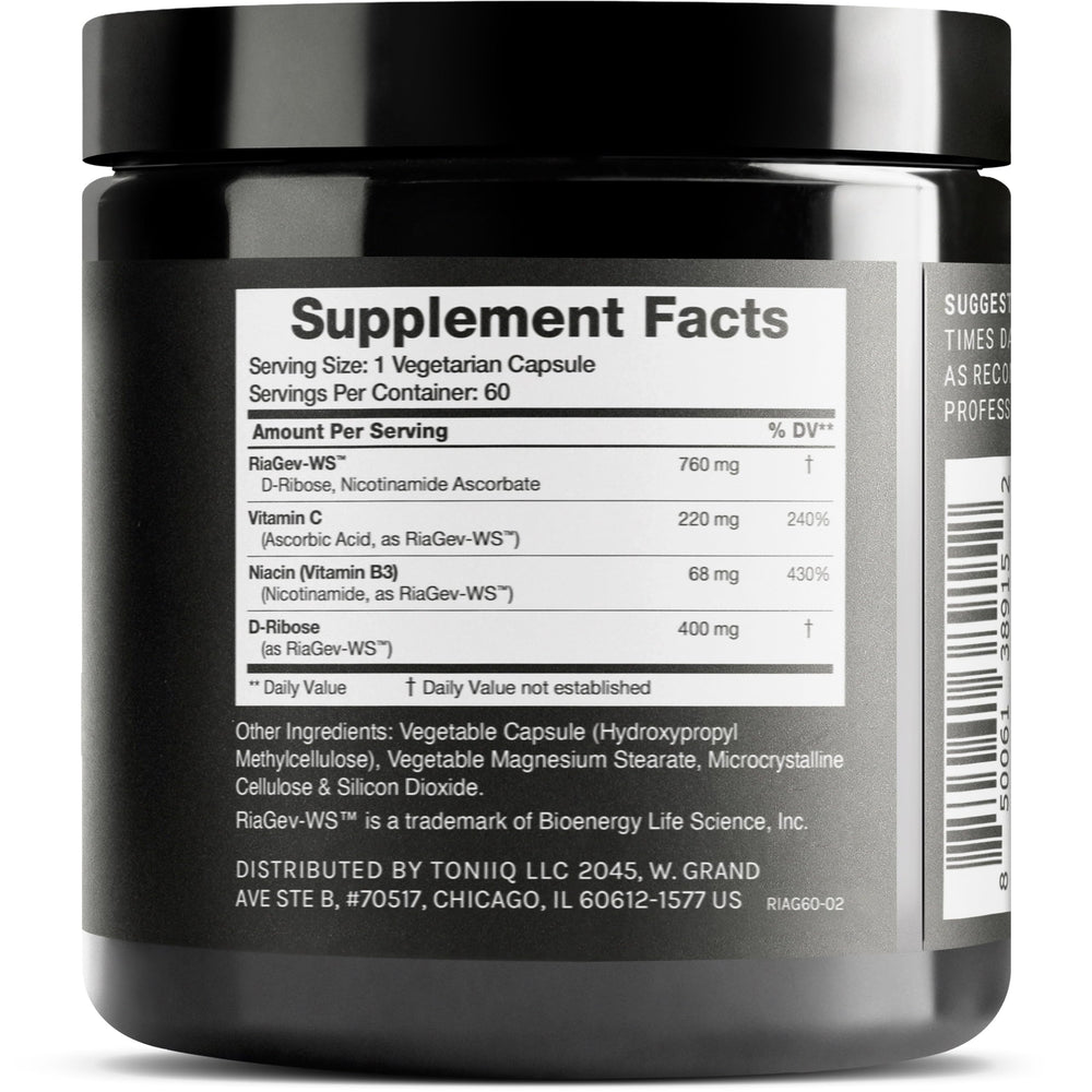 Close-up of NAD+ supplement label showing product details