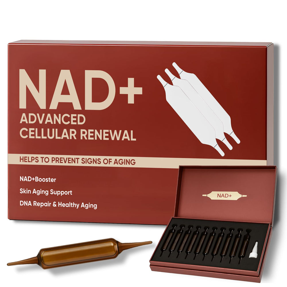 Close-up of NAD+ Advanced Cellular Renewal bottle and 10 vials