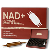 Close-up of NAD+ Advanced Cellular Renewal bottle and 10 vials