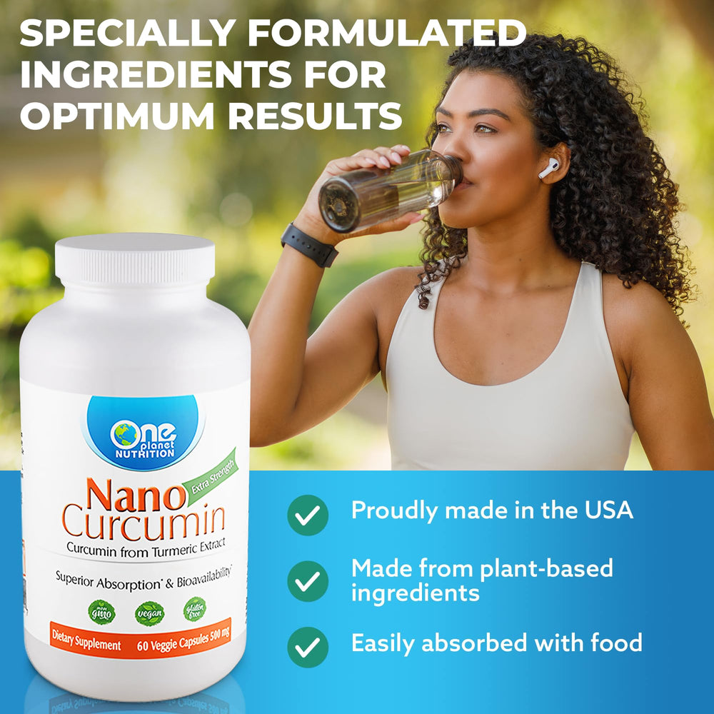 Dietary labels for Nano Curcumin indicating vegan, gluten-free, non-GMO