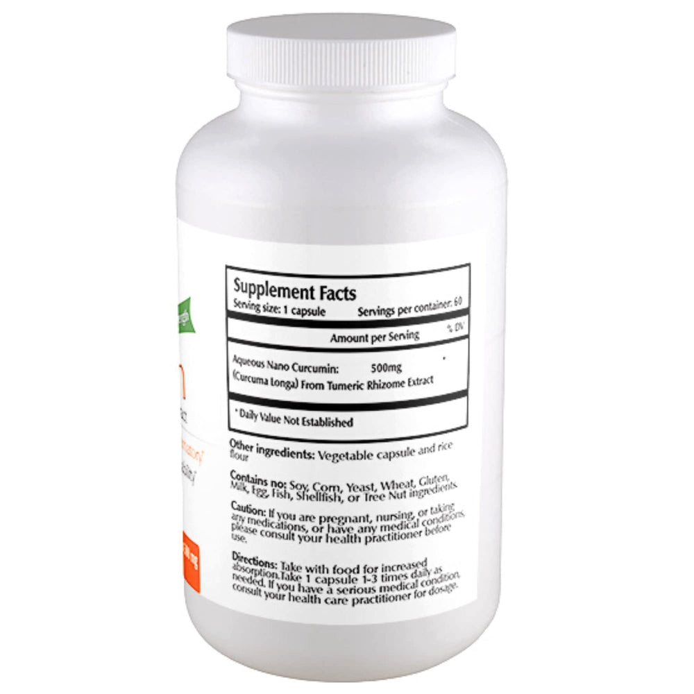Bottle of Nano Curcumin 500 mg veggie capsules with packaging