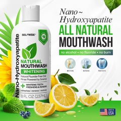 Mouthwash bottle label highlighting fluoride-free and alcohol-free formula