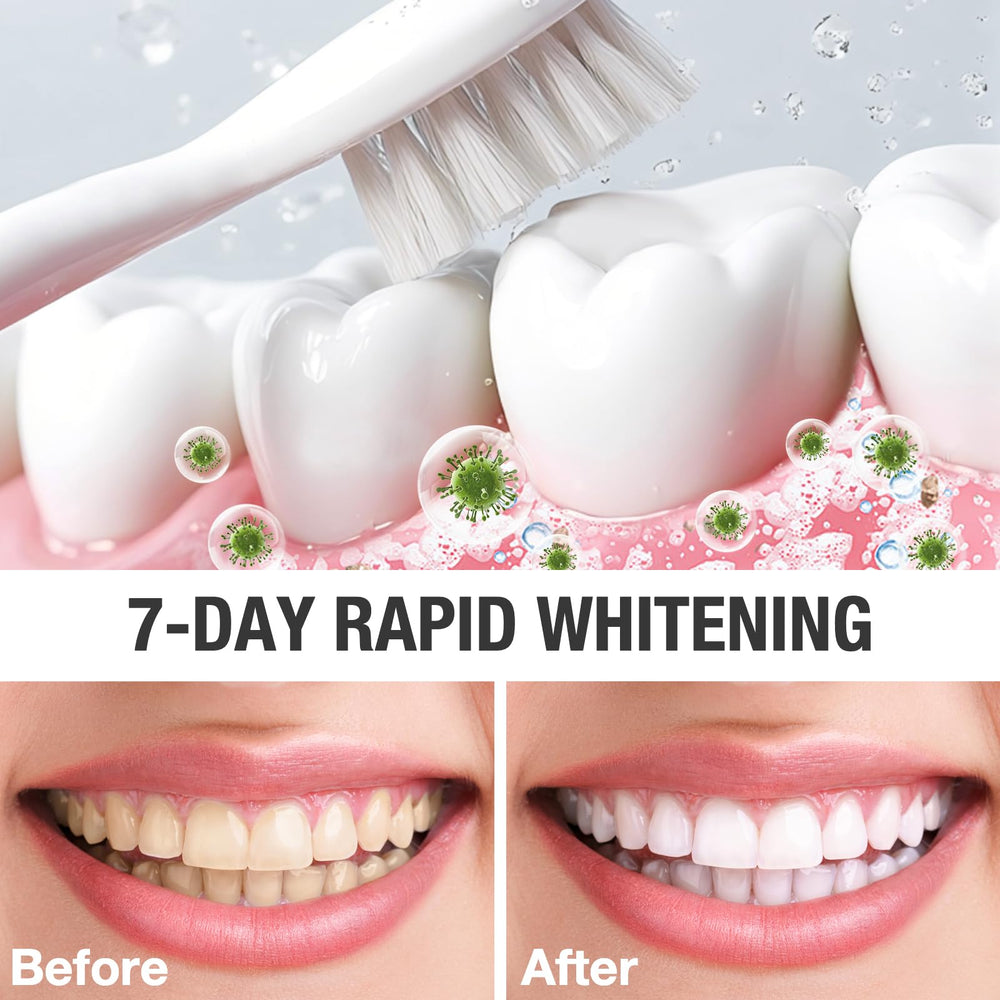 Product shot showing toothpaste with packaging and extra toothbrush