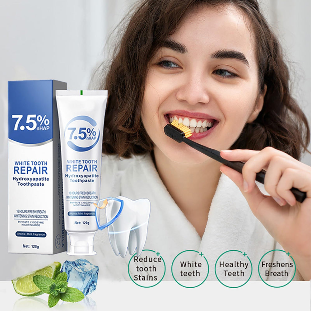 Close-up of enamel repair and whitening with nano-hydroxyapatite toothpaste