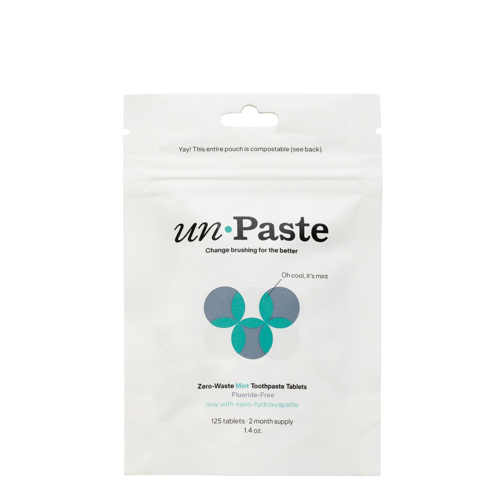 Front view of Nano-Hydroxyapatite toothpaste tablets 125ct package