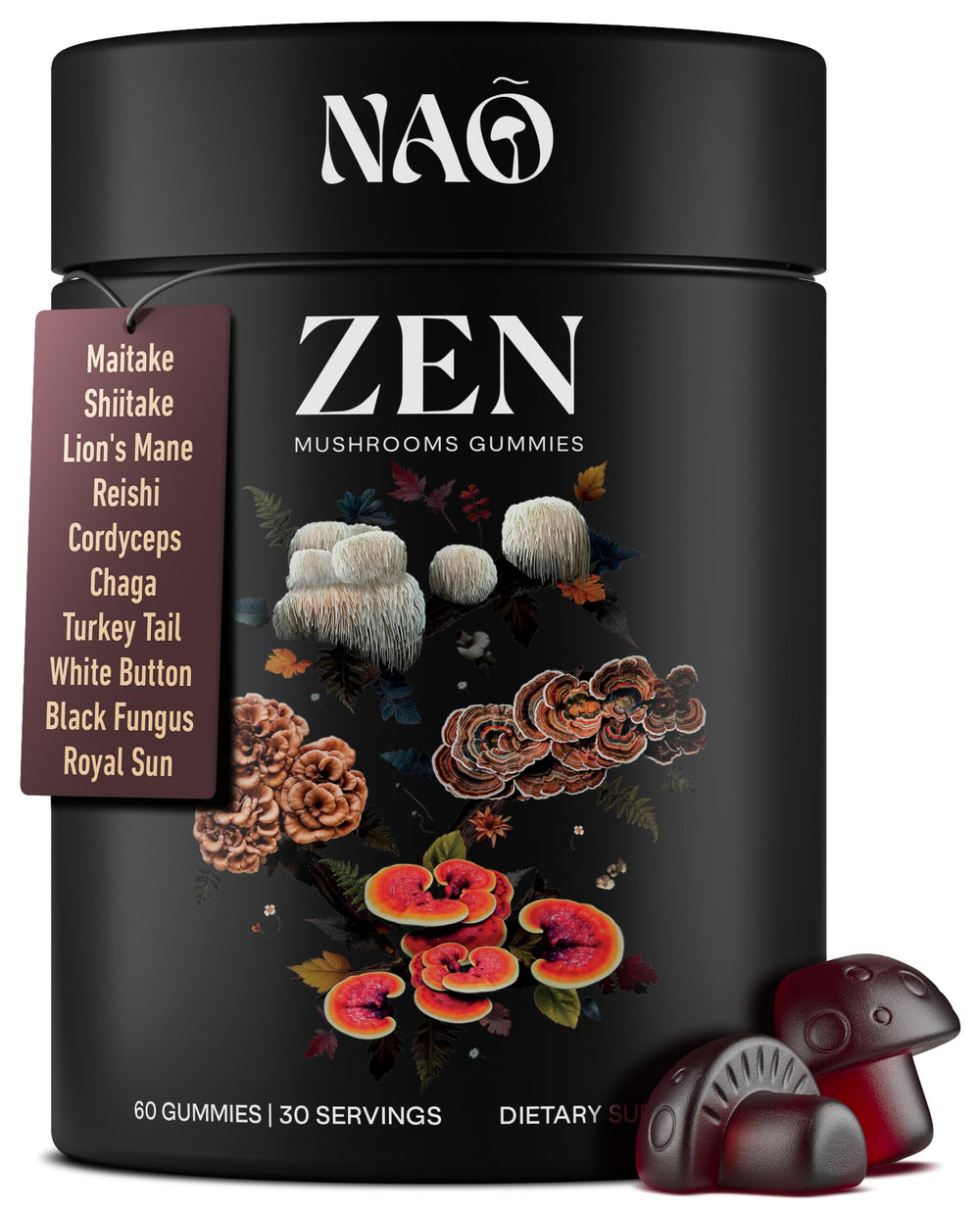 NAO Mushroom Gummies bottle with label