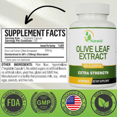 Close-up of Naravis Olive Leaf Extract capsules showing 300 mg extract and 150 mg oleuropein per capsule