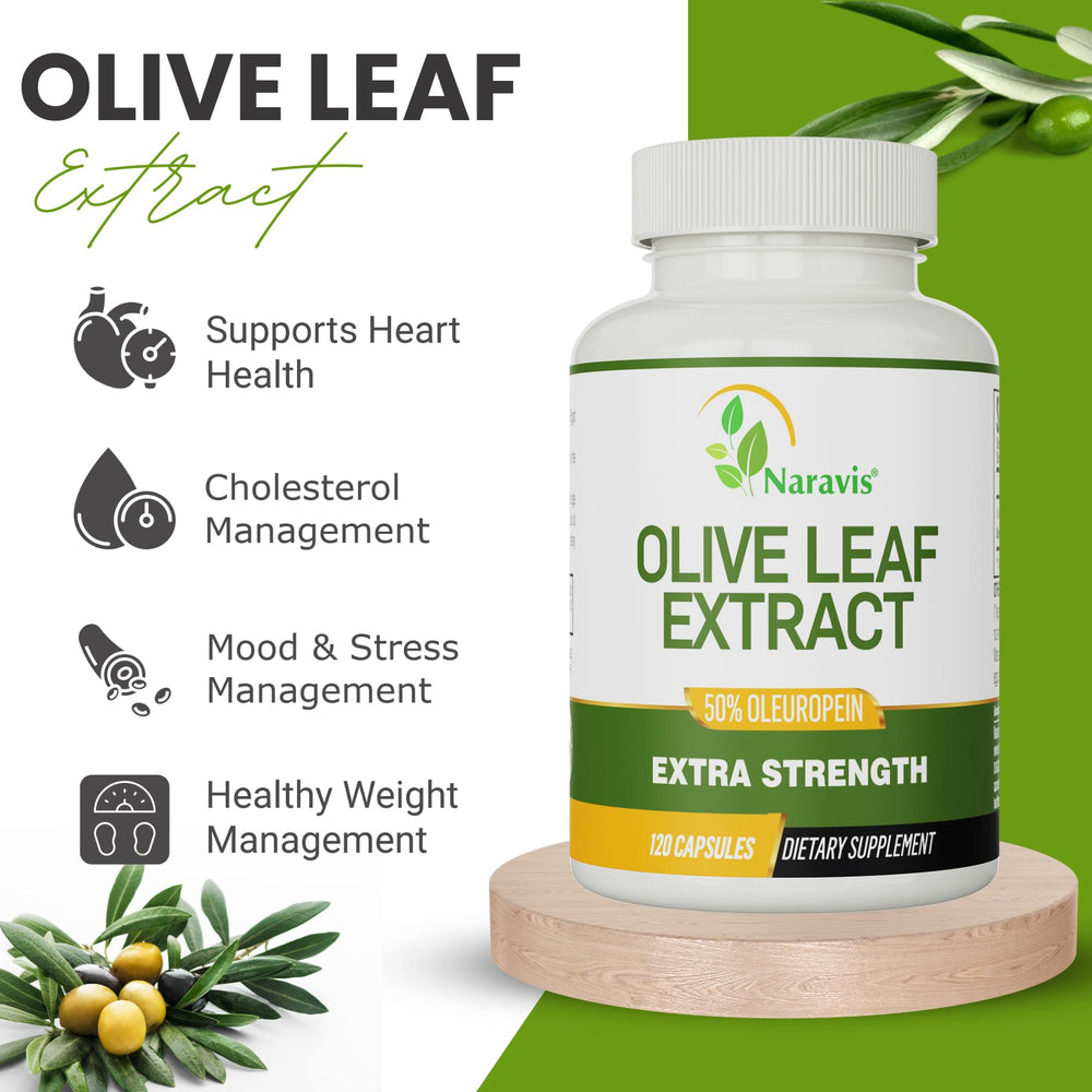 Close-up of Naravis Olive Leaf Extract label highlighting 50 percent oleuropein