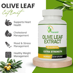 Close-up of Naravis Olive Leaf Extract label highlighting 50 percent oleuropein