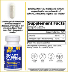 Close-up of NATURAL STACKS Smart Caffeine Pills bottle label