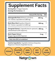 Ingredients panel showing Ashwagandha, Maca Root and Fenugreek extracts