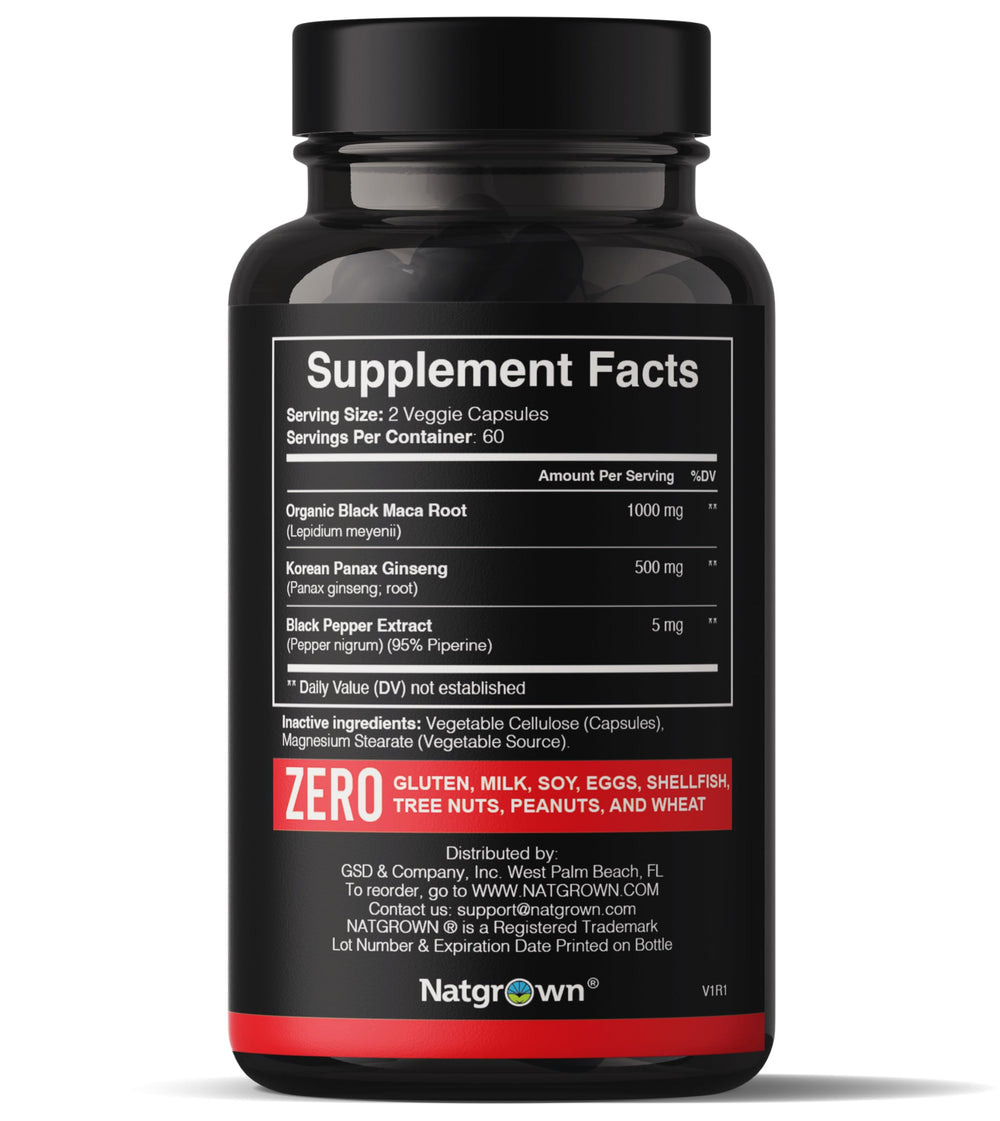 Bottle of Natgrown Black Maca Root + Panax Ginseng capsules