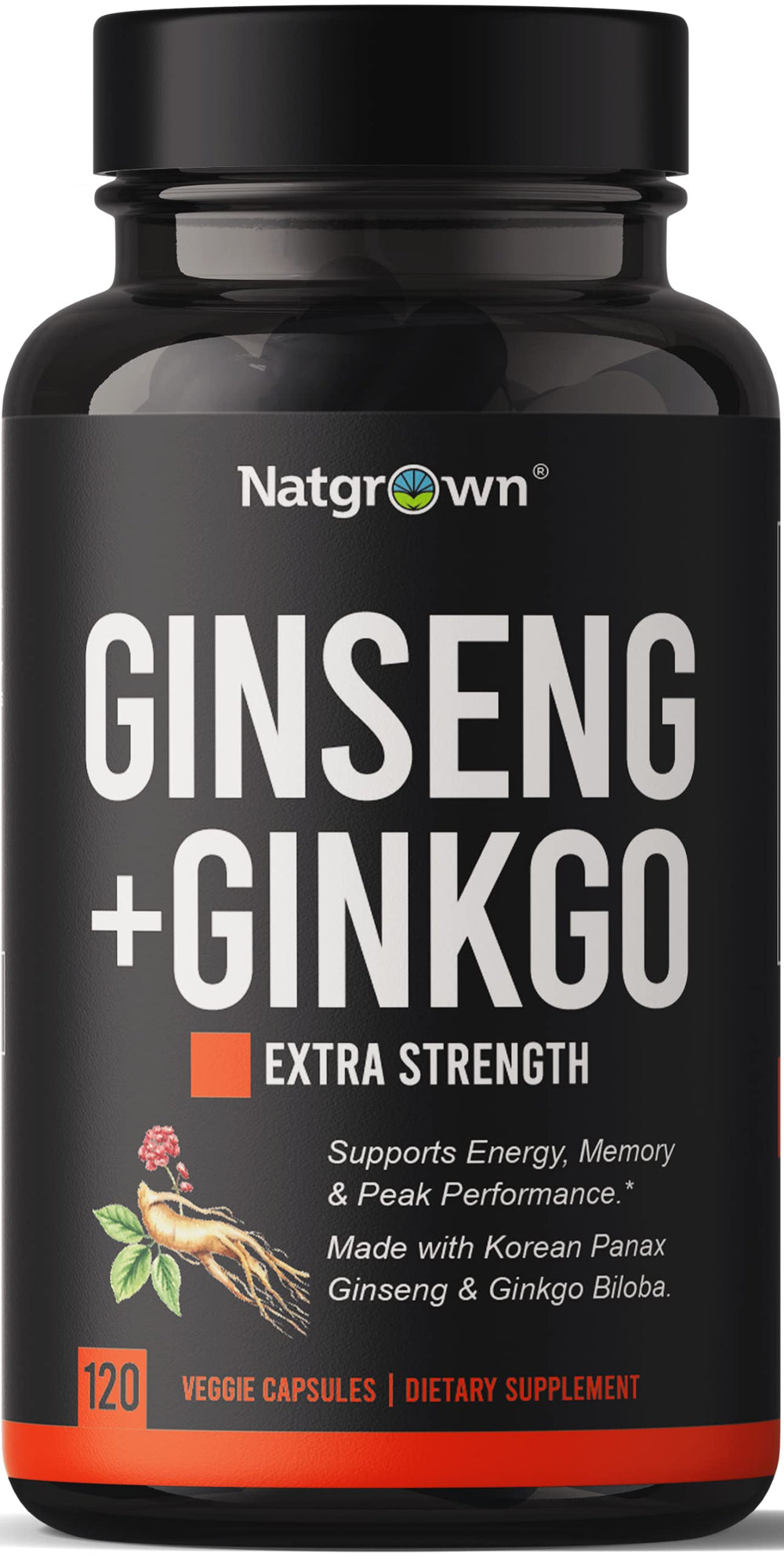Natgrown Panax Ginseng and Ginkgo Biloba bottle with capsules