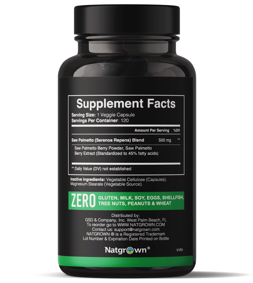 Saw Palmetto capsules next to the bottle