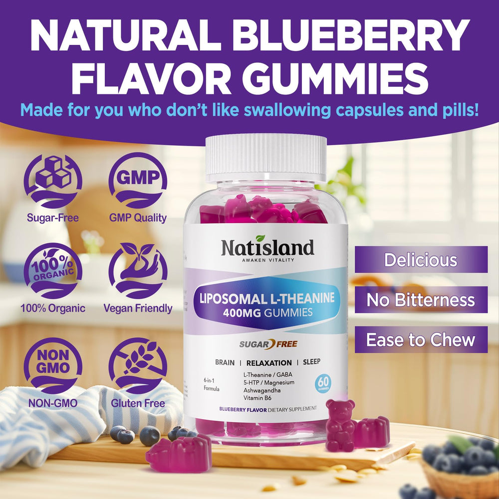 60 L-Theanine Gummies chews displayed beside a glass of water