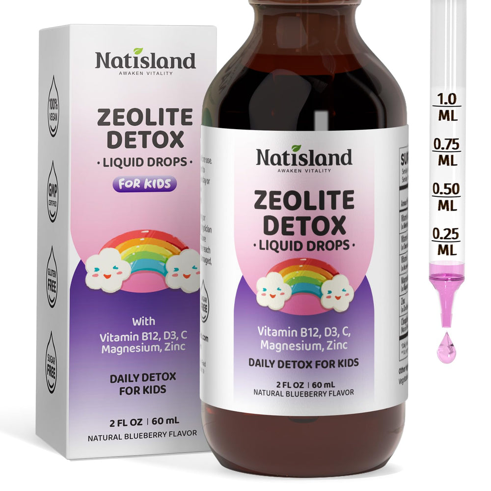 NATISLAND Zeolite Detox kids 200mg bottle with blueberry flavor