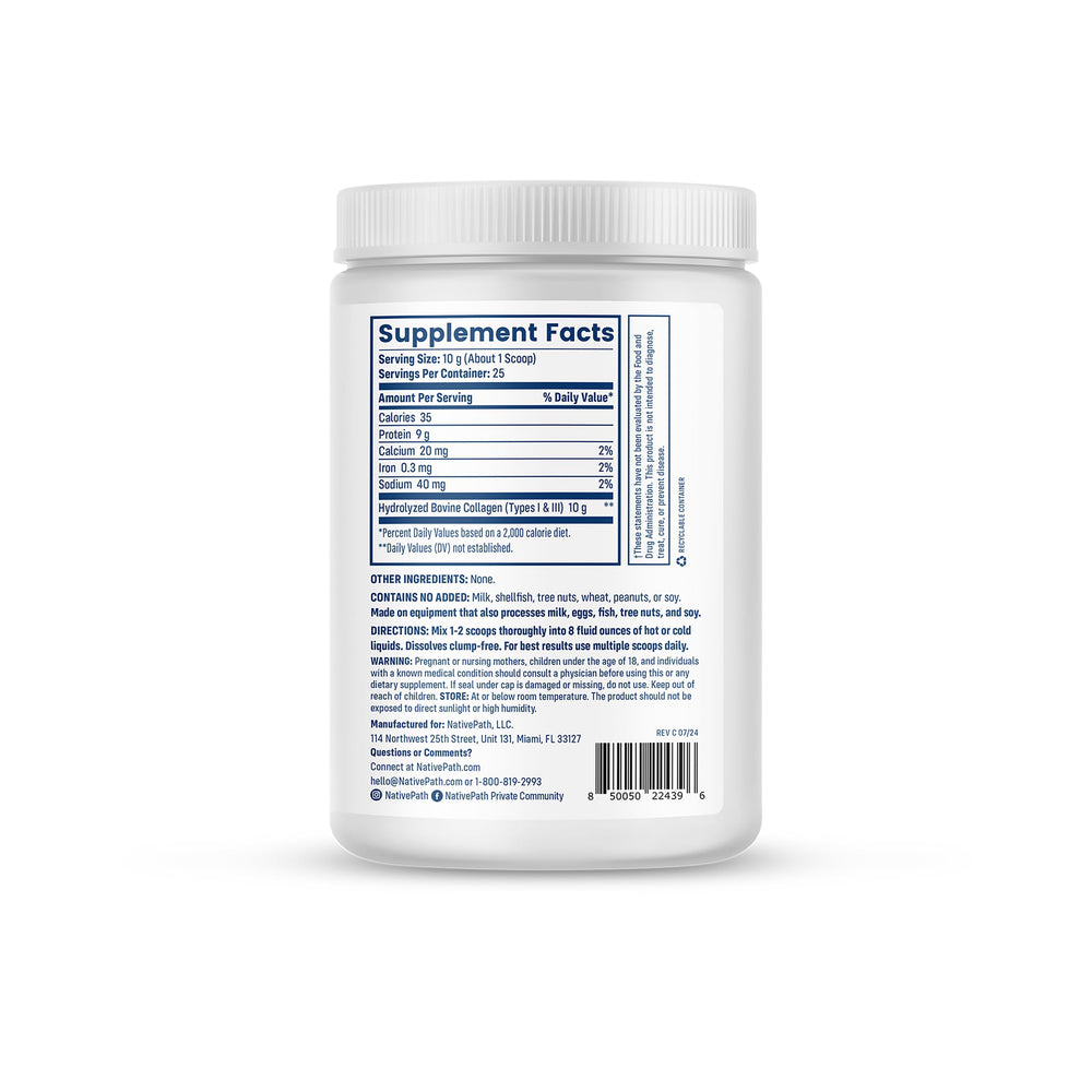 Close-up of the NativePath Collagen Peptides label highlighting Type I & III collagen