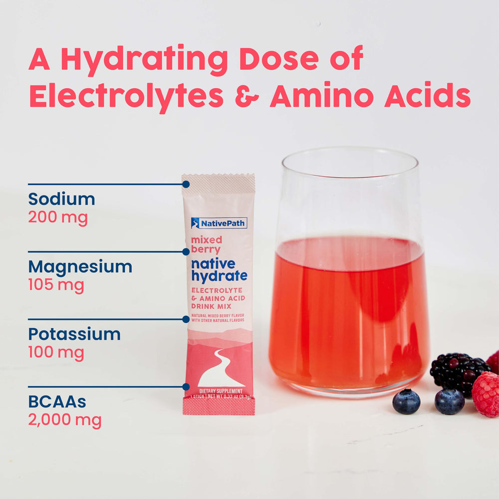 NativePath Hydrate powder-texture close-up conveys refreshing Mixed Berry flavor.