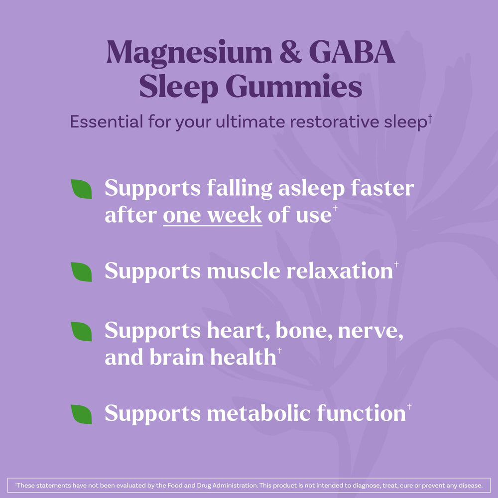 Gummies label highlighting 100 mg GABA and 100 mg Magnesium Glycinate per serving