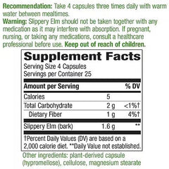 Close-up label of Slippery Elm Bark 400mg supplement showing ingredients