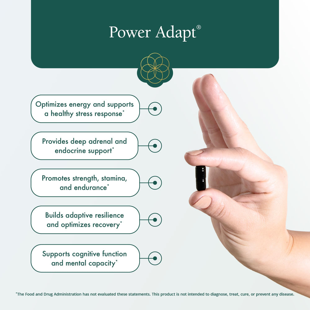 Natura Health Power Adapt label close-up highlighting ingredients and quality testing