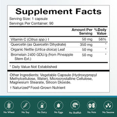 Nutrition facts panel for Natura Health Quercetin Plus 90 capsules