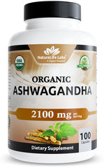 NaturaLife Labs Ashwagandha bottle showing organic formula for daily balance.