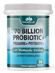 Bottle of NaturaLife Labs Probiotics 70B CFU with 15 strains on label