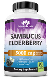 Front label of NaturaLife Sambucus Elderberry 5,000 mg (65:1 extract) with Vitamin C & Zinc