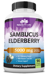 Front label of NaturaLife Sambucus Elderberry 5,000 mg (65:1 extract) with Vitamin C & Zinc